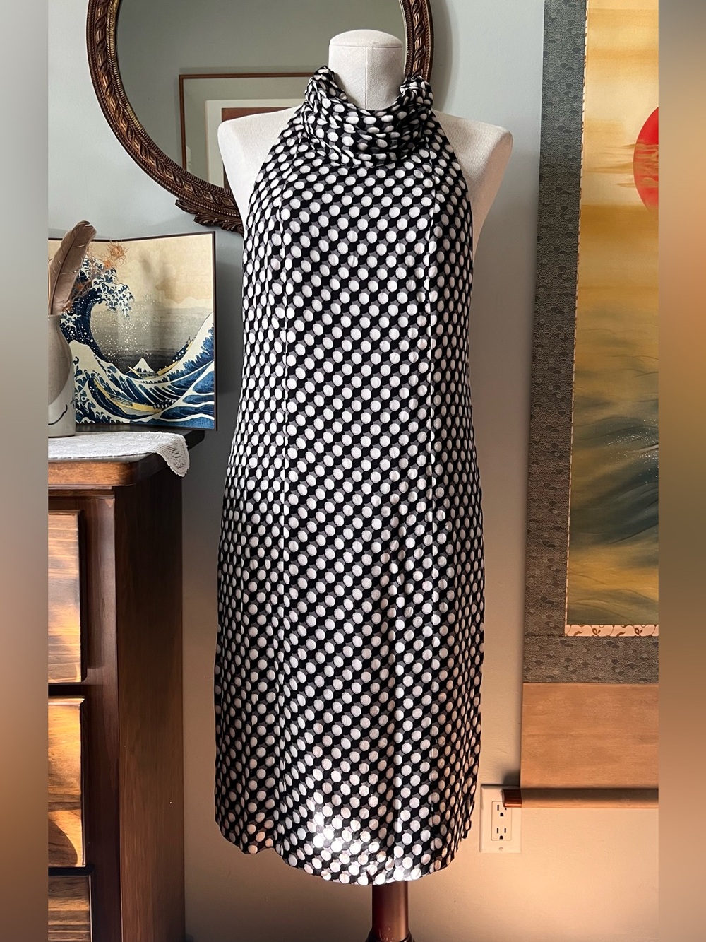 Silk Black and White Polka Dot Halter Dress